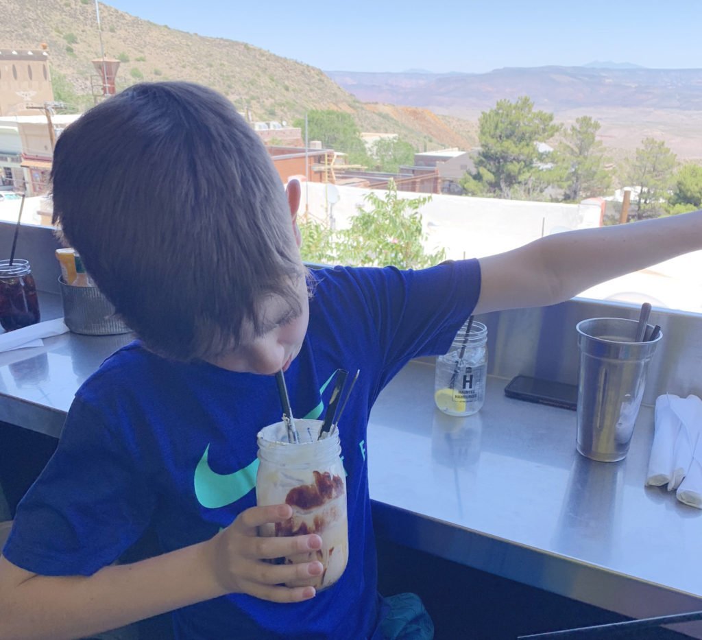 Milkshake Dab with the beautiful view in Jerome, Arizona at the Haunted Hamburger, dining with a view of the desert